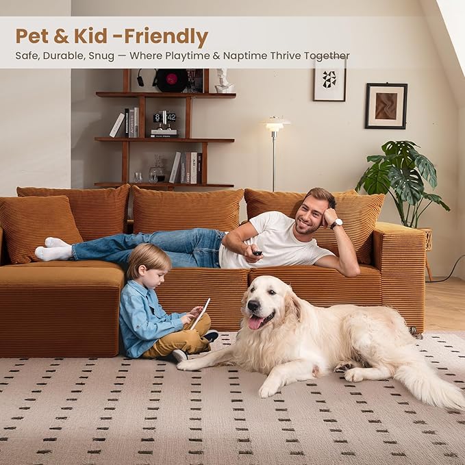 Modular Sectional Sofa, 108" L-Shaped Boneless Couch with Deep Seat, Corduroy Cloud Couch for Living Room, Bedroom, No Assembly Required, Ship in a Box, Orange