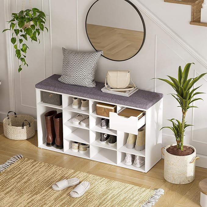 DINZI LVJ Shoe Bench, Entryway Storage Bench with Drawer and 15 Cubbies, Cubby Shoe Rack with Adjustable Shelves, Shoe Organizer Cabinet for Living Room, Bedroom, Mudroom, Closet and Garage, White