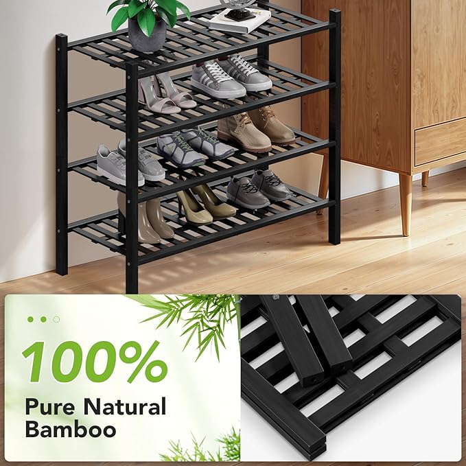 Haddockway 4 Tier Bamboo Shoe Rack Storage Organizer, Multifunctional Free Standing Stackable Shoe Shelf with Grid Panel for Closet,Hallway,Entryway,Small Space 27"x11"x26" (Black, 4 Tier)