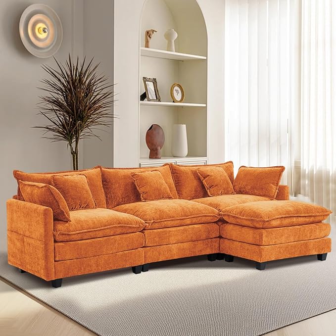 Furniliving 112‘’ L-Shaped Sofa, Luxury Chenille Modular Sectional Couches with Ottoman, Upholstered Deep Seat Sleeper Sofa with Memory Foam and Waist Pillows, Orange