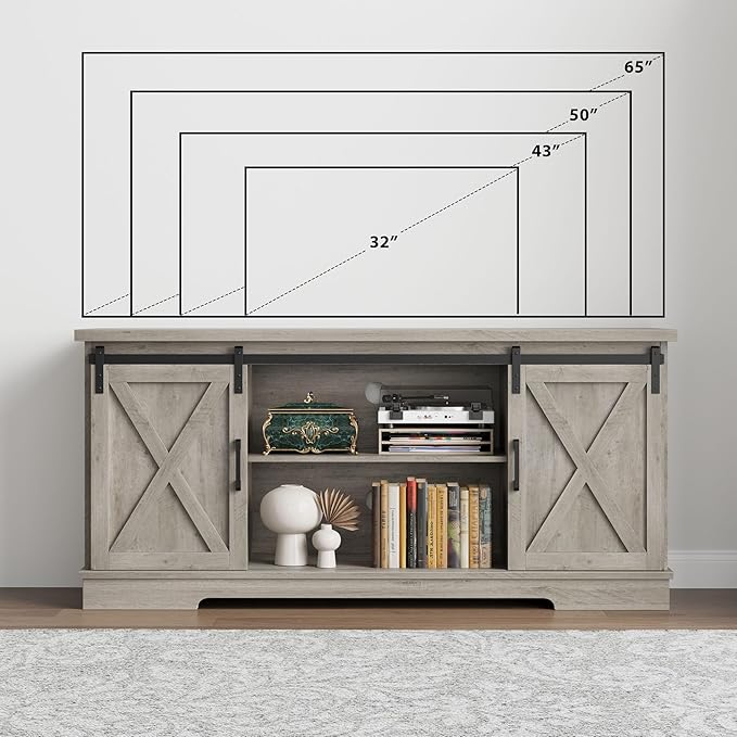IDEALHOUSE Farmhouse Tv Stand for 65 Inches TVs, Entertainment Center with Storage and Sliding Barn Doors, Adjustable Shelf Modern Media TV Console TV Stand Table for Living Room, Bedroom, Grey
