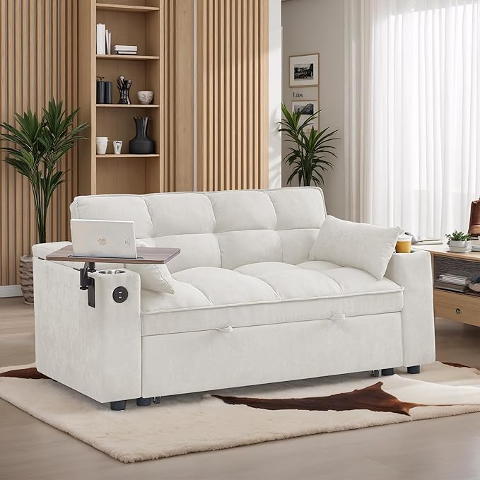 65-inch Multifunctional Loveseat Pull Out Sleeper Sofabed W/Cupholders, Oversized 3-in-1 Convertible Love Seat with Pull-Out Sleeper Couch Bed, Storage, USB Ports, Side Table for Living Room Bedroom