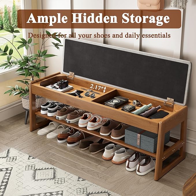 Shoe Rack Bench with Cotton-Linen Cushion 2-Tier Wooden Storage Bench 550lbs Compact Simple & Modern Design for Entryway, Hallway, Bedroom, Living Room, Closet, Front Door Entrance, Foyer