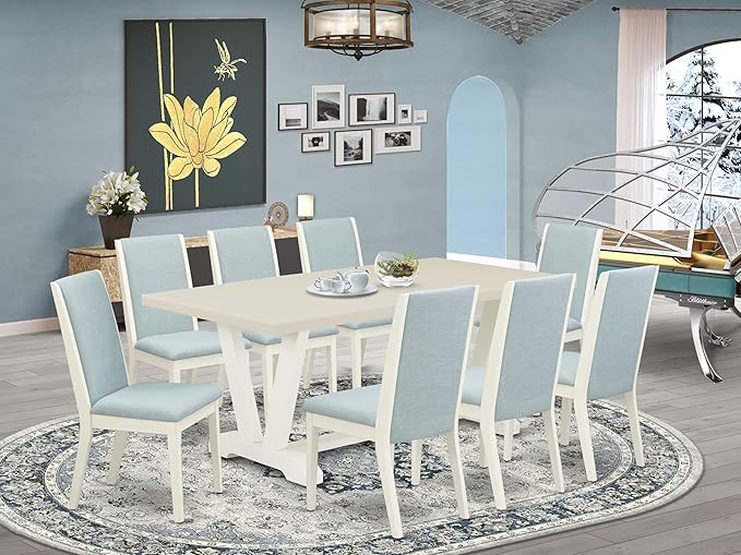 East West Furniture V027LA015-9 9 Piece Dining Set Includes a Rectangle Dining Room Table with V-Legs and 8 Baby Blue Linen Fabric Upholstered Parson Chairs, 40x72 Inch, Multi-Color