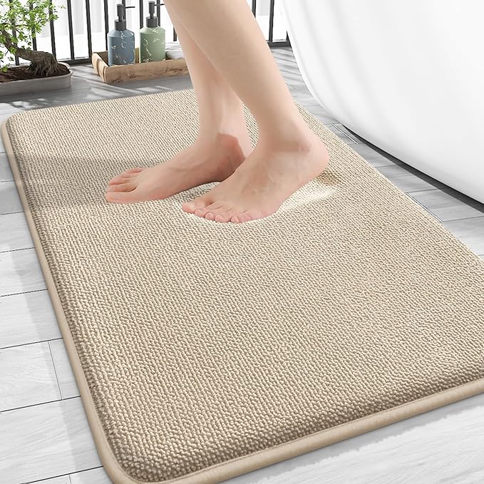 OLANLY Thick Memory Foam Bath Mat Rug 30x20, Extra Soft Absorbent Bathroom Rug, Quick Dry Bath Mats, Non-Slip, Machine Washable Carpet for Bathroom, Tub and Shower, Home Decor Accessories, Beige
