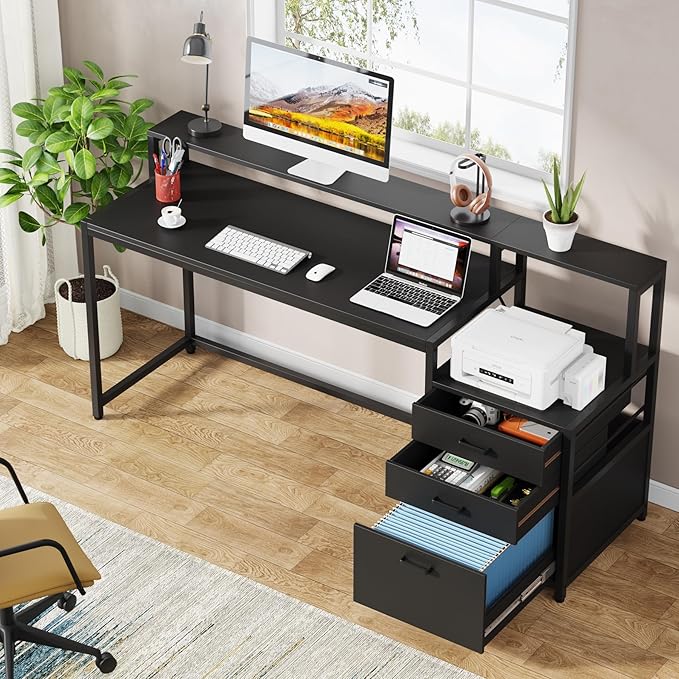 Tribesigns 63 Inch Computer Desk with File Drawer Cabinet, Ergonomic Office Desk with Monitor Stand, Industrial Computer Table with Printer Space, Wood PC Table Workstation Desks for Home Office