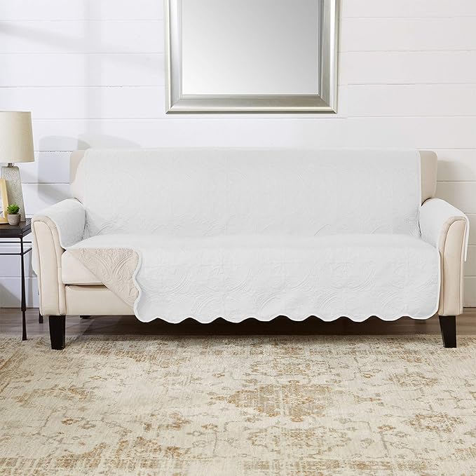 Great Bay Home Medallion Stitched Solid Furniture Protector Stain Resistant Durable Furniture Protector Elenor Collection (Sofa, White/Sand)