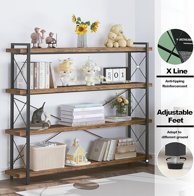 HCHQHS Large Bookshelf, 4-Tier Long Industrial Bookcase, Rustic Brown Book Shelf, Freestanding Horizontal Bookshelves with Metal Frame
