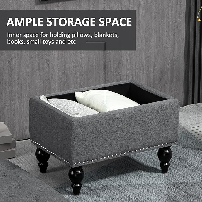 HOMCOM Ottoman with Storage for Living Room, 25" Storage Ottoman with Removable Lid, Button-Tufted Fabric Bench for Footrest and Seat with Wood Legs, Gray
