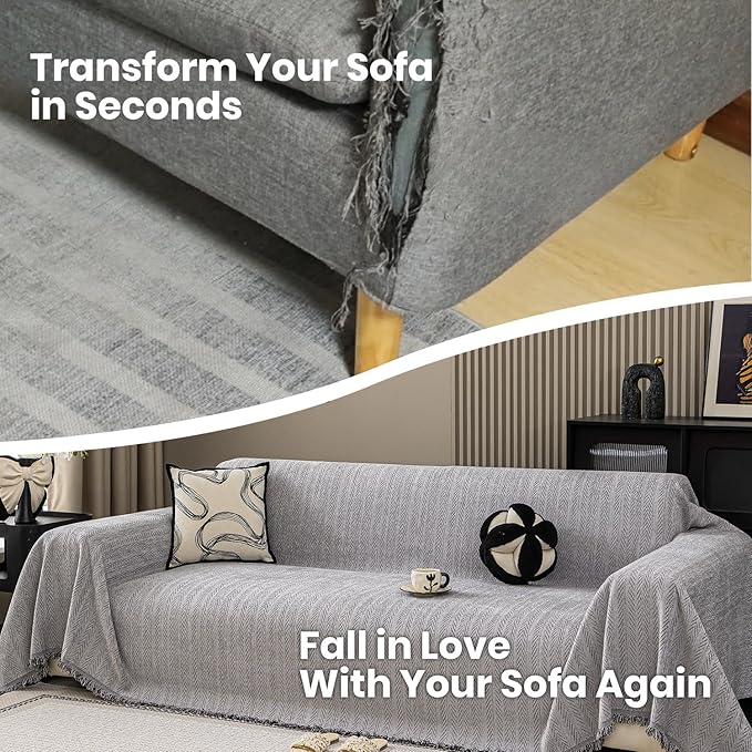 Nobildonna Sofa Cover Washable Soft Thicken Chenille Couch Cover with Tassel,Waterproof Sofa Slipcover for 2-3 Cushion Couch,Sectional Sofa,L-Shaped Furniture Protector Pet-Friendly,Gray 71"x118"