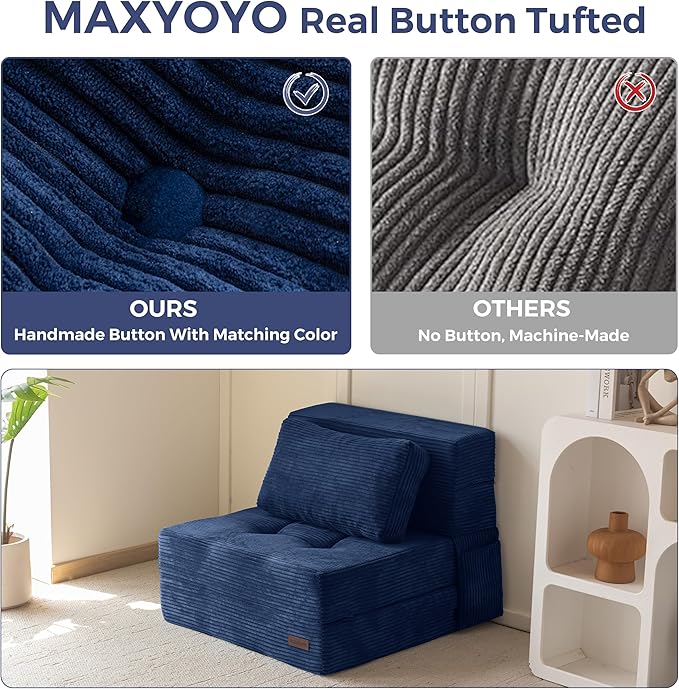 MAXYOYO Convertible Sofa Bed, Fold Out Single Sleeper Sofa with Pillow, 4 in 1 Tufted Folding Couch Bed Foam Floor Couch, Lazy Chair for Living Room Bedroom Guest Room, Navy
