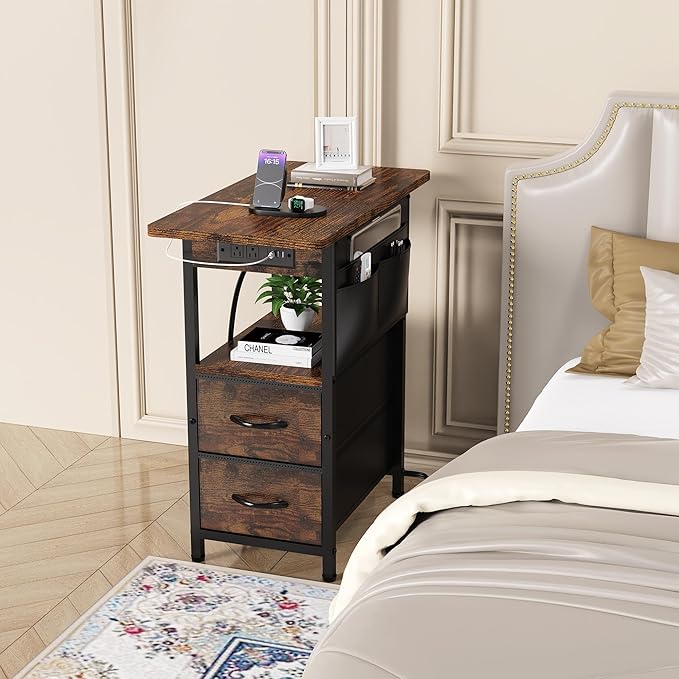 Small Side Table with Charging Station, Narrow Nightstand Bedside Tables with Storage Pocket for Living Room Bedroom, Sofa End Table with USB Ports and Power Outlets for Small Spaces