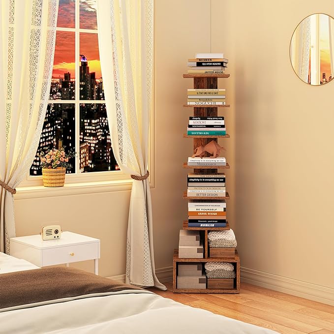 TUTOTAK Narrow Bookshelf, Vertical 8-Tier Bookcase, Spine Book Shelf for Small Space, Small Standing Shelf for Living Room, Office, Study, Entryway, Brown BS07BB008