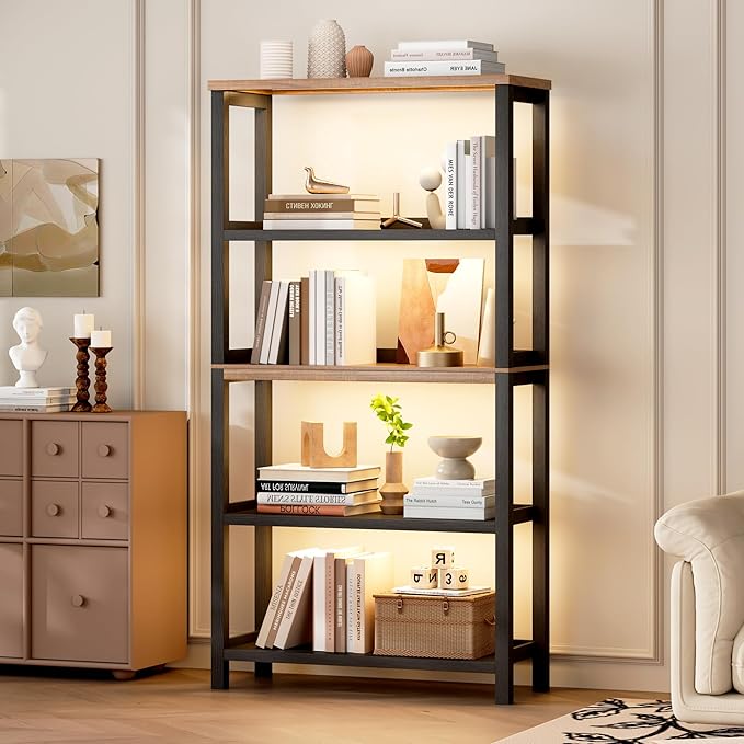 Vlsrka 5 Tier Wooden Bookshelf with Lights, 65" Tall Open Bookcase Storage Rack, Modern Bookshelf with Storage, Free Standing Display Book Shelves for Living Room, Home Office, Black