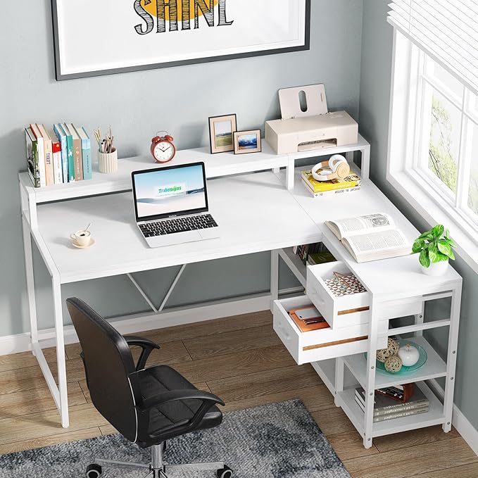 Tribesigns 55-inches Reversible L Shaped Desk with Drawer, Modern White L Corner Desk Home Office Table with Storage Shelves and Monitor Stand, Wooden and Metal PC Desk for Small Space