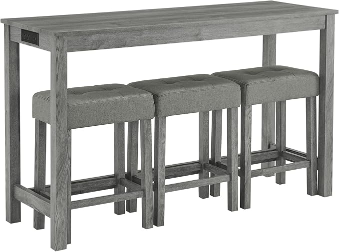 Ball & Cast 4 Piece Kitchen Dining Room Table and Chairs Set, Farmhouse Wooden Counter Height Bar-Sets w/USB Ports & Power Outlet & 3pcs Stools, 59" Sofa-Table Barstool w/Charging Station, Grey