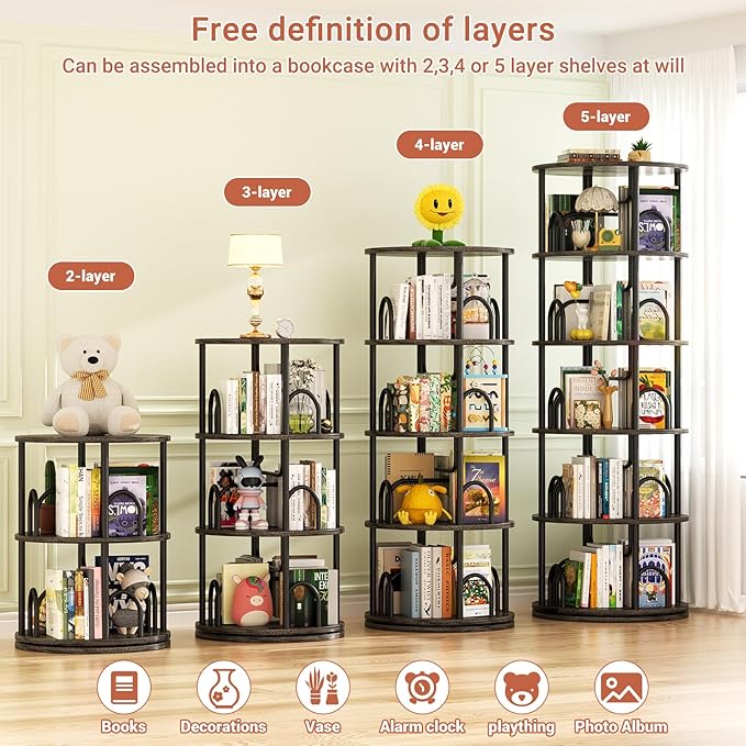 Aheaplus 5 Tier Rotating Bookshelf Tower, 360 Display Spinning Bookcase, Revolving Round Book Shelf Narrow Swivel Bookshelf, Vertical Turning Corner Book Organizer for Small Space, Black Oak