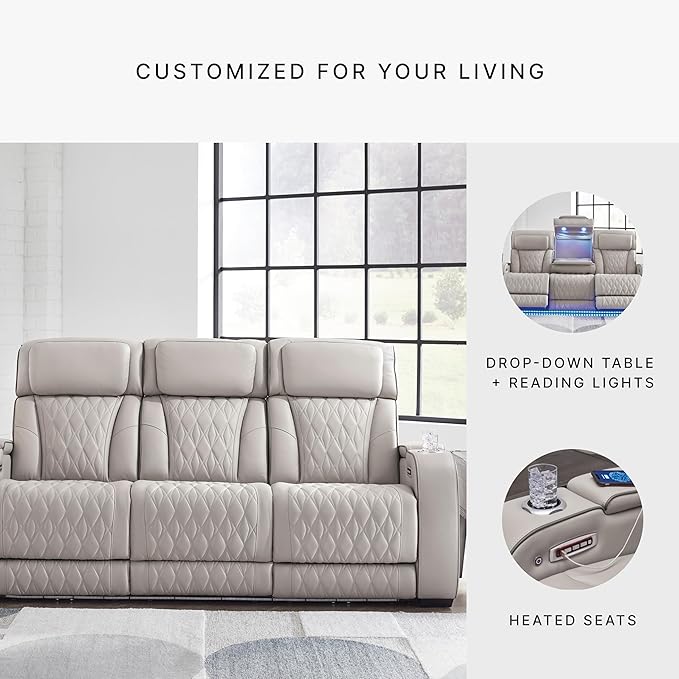 Signature Design by Ashley Boyington Contemporary Leather Match Power Reclining Sofa with USB Charging Ports, LED Lights and Adjustable Headrest, Light Gray