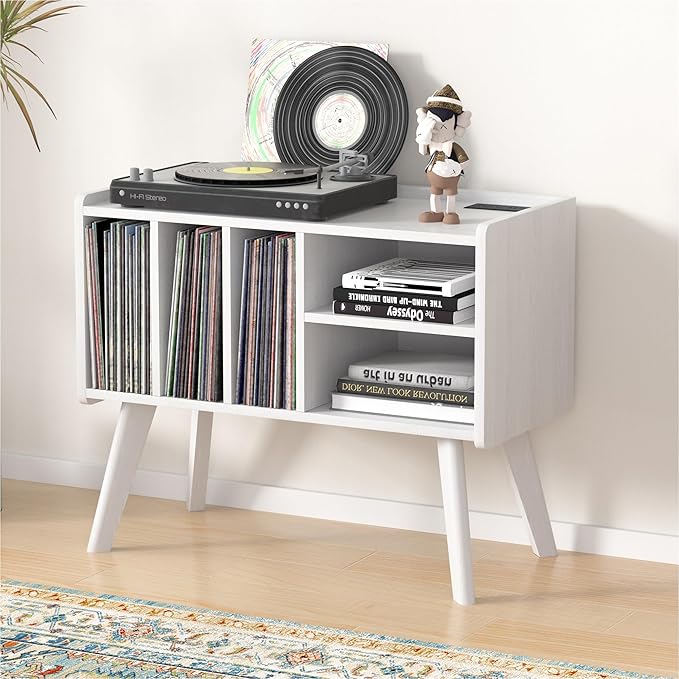 Forevich Record Player Stand Table with Vinyl Storage Holder Large Turntable Record Stand with Power Outlet Holds Up to 220 Albums Display Shelf Cabinet with Wood Legs for Living Room White