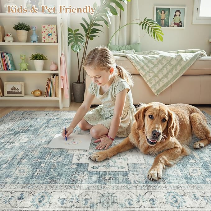 LIVEBOX Washable 2.5x8 Runner Rugs for Entryway Bathroom, Boho Kitchen Floor Mats Long Rug Runners for Hallways Non Slip, Farmhouse Low-Pile Carpet Runners for Laundry Room, Blue