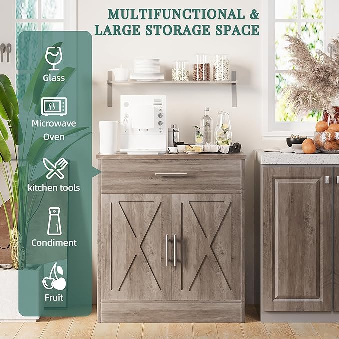 Shintenchi Farmhouse Storage Cabinets with Doors and Shelves,Kitchen Barn Door Storage Cabinet with Drawers,Coffee Bar Cabinet Buffest Sideboard for Dining Room,Living Room,Bathroom,Entryway,Ash Grey