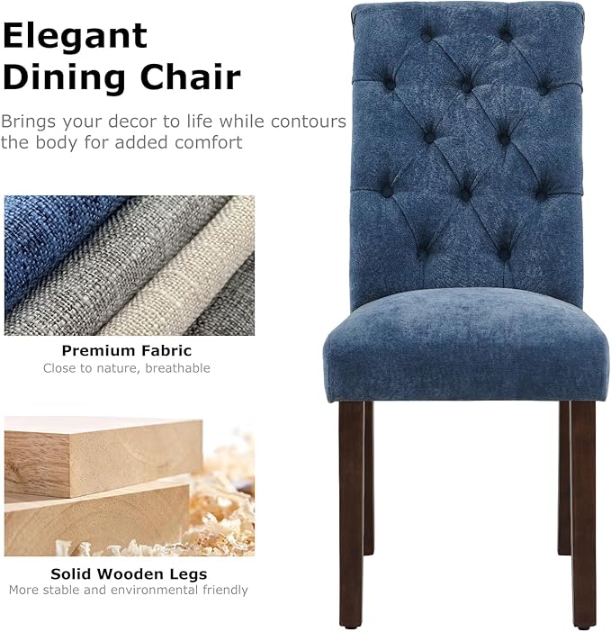 COLAMY Button Tufted Dining Chairs Set of 2, Parsons Upholstered Fabric Dining Room Chairs Kitchen Chairs with Wood Legs and Padded Seat, Blue