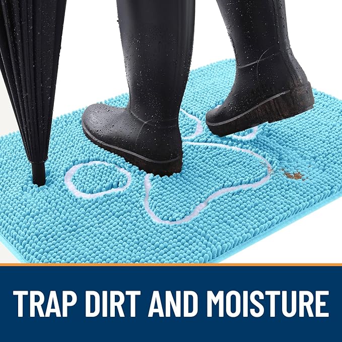 OLANLY Door Mat for Muddy Dog Paws 40x32, Ultra Absorbent Chenille Mud Doormat with Paw Print Design, Non-Slip Washable Doormat for Indoor Entryway, Quick-Dry Pet Bed Mats for Dirty Dogs, Blue