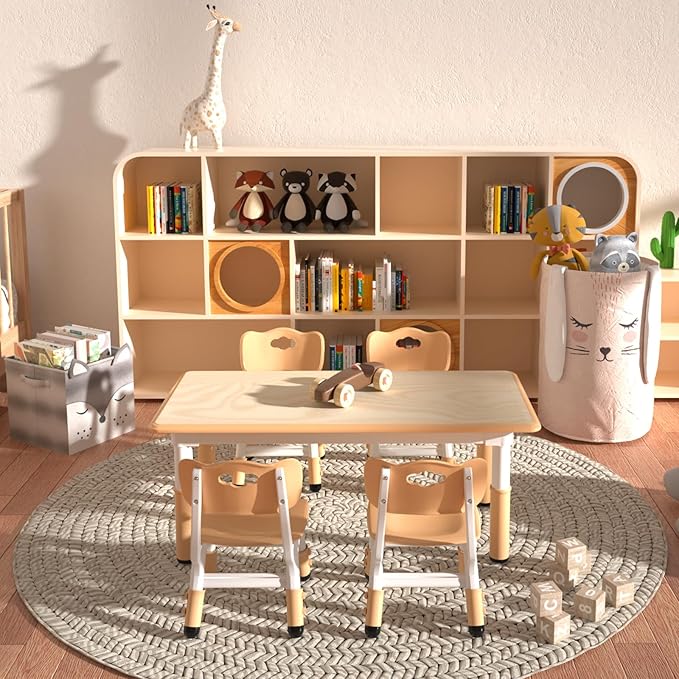 Kids Table and 4 Chairs Set，Height Adjustable Children Table & Chair，Toddlers Study Multi-Activity Table with 47.2"x23.6" Wipe-Clean Desktop，for Classrooms, Homes & Daycares