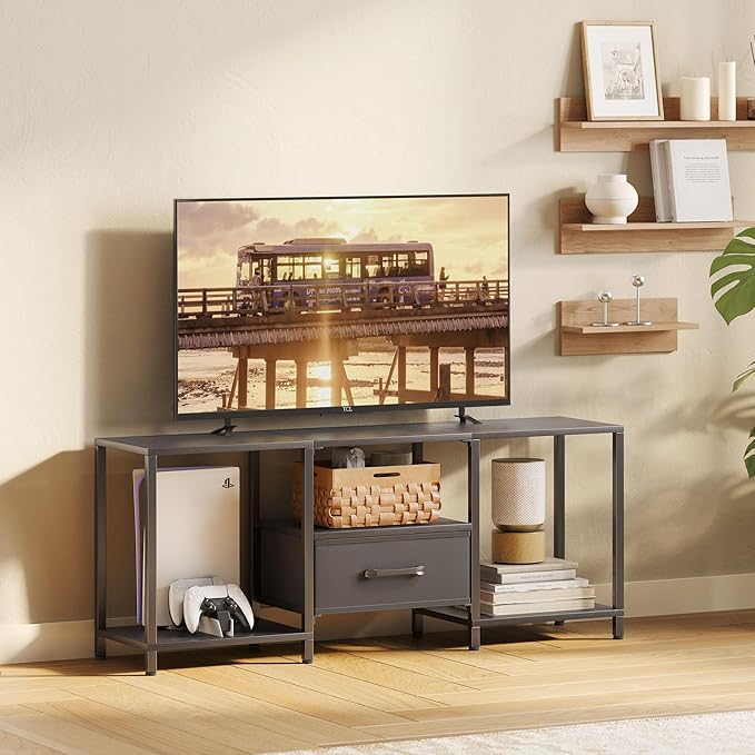 TV Stand with Fabric Drawer for 55 Inch TV, Entertainment Center with Open Shelves, Media TV Console Table for Living Room, Bedroom, Black