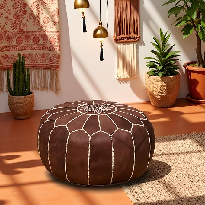 Stuffed Round Design Moroccan Leather Pouf Ottoman, Handmade, Pre-Filled, 100% Genuine Leather, 13” Height x 20” Diameter, Footstool & Living Room Décor (Brown)