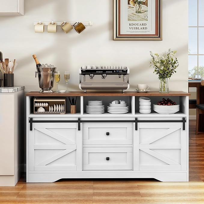 YITAHOME Buffet Cabinet with Drawers, 59" Large Sideboard Buffet Storage Cabinet with Shelves and Doors, Modern Farmhouse Coffee Bar Station Wood Kitchen Table for Kitchen, Dining Room, White