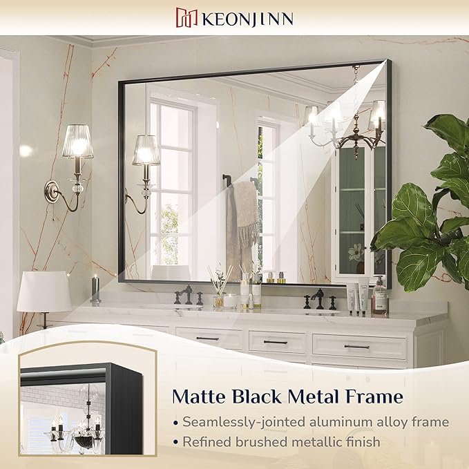 Keonjinn Black Bathroom Mirror 48 x 36 Inch, Large Rectangle Matte Black Vanity Mirrors, Square Corner, Metal Framed Rectangular Farmhouse Wall Mirror for Over Sink(Horizontal/Vertical)