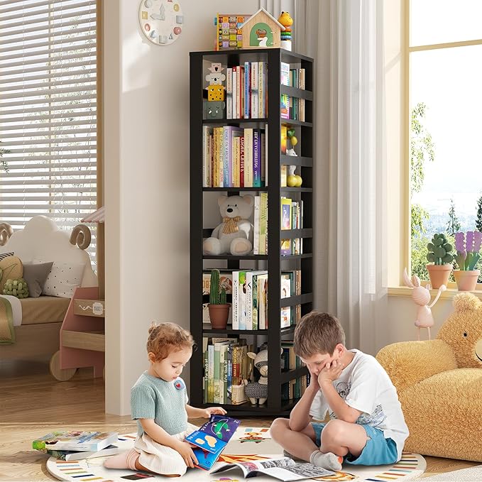 Homykic Rotating Bookshelf, Bamboo 360 Display Spinning Bookshelf Tower, 5-Tier Small Corner Bookcase for Small Spaces, Narrow Revolving Book Shelf Organizer Rack for Home Office, Black