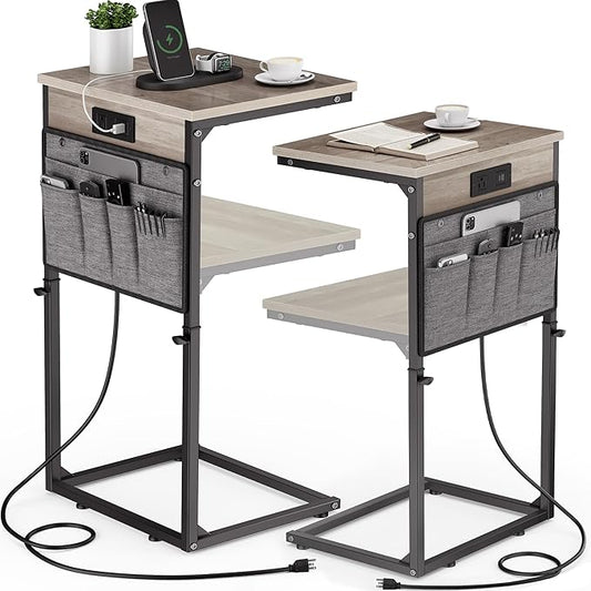 Vagusicc C-Shaped End Table Set of 2 with Charging Station, Small Side Table for Couch, Adjustable Height Couch Side Table, Slide Under Sofa Table TV Tray Tables for Living Room, Bedroom,Bedside, Gray