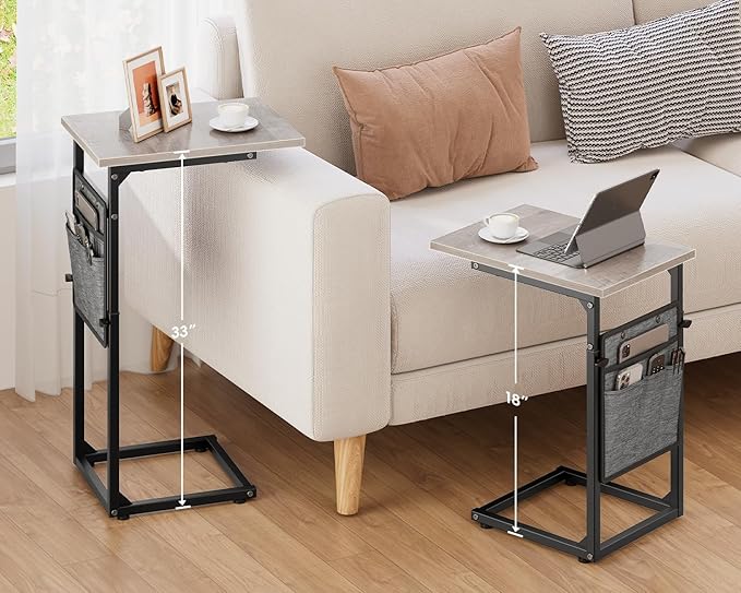 Vagusicc C Shaped End Table, 33" Tall Side Table for Couch, Adjustable Height Small Couch Side Table, Laptop Sofa Tables Slide Under Recliner Tables TV Tray Arm Tables for Living Room, Bedroom, Grey