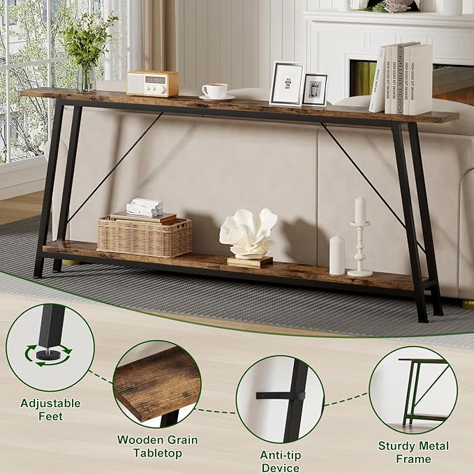 IBUYKE 78.7 Inches Extra Long Sofa Table Behind Couch, Industrial 2-Layer Console Table for Hallway, Entryway & Living Room,Rustic Brown UTMJ063H