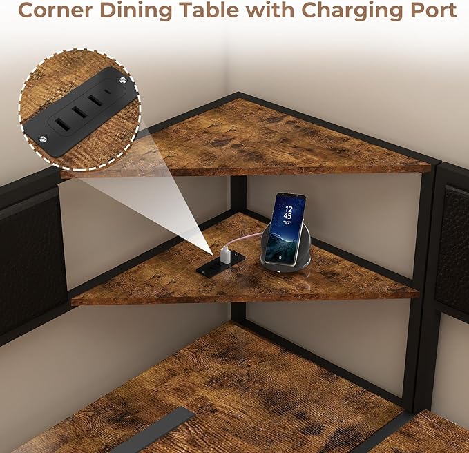 Corner Dining Table Set for 4-6, Breakfast Nook Table Set with Charging Port, Corner Kitchen Table with Storage & Bench, Farmhouse Corner Dining Table Set for Dining Room, Kitchen - Brown