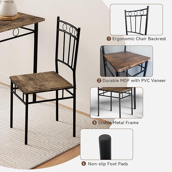 Vipbear Kitchen Dining Table Set for 4, 5-Piece Kitchen Table Set,Dining Room Table Sets,Rectangular Kitchen Table Set with 4 Chairs for Small Space, Dinette,Apartment, Rustic Brown
