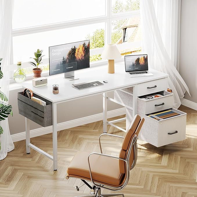Casaottima 48" Small Computer Home Office Desk for Bedroom with Fabric Drawers & File Cabinet, Cloth Storage Bag and Hook, Writing Study Work Table for Small Space, White
