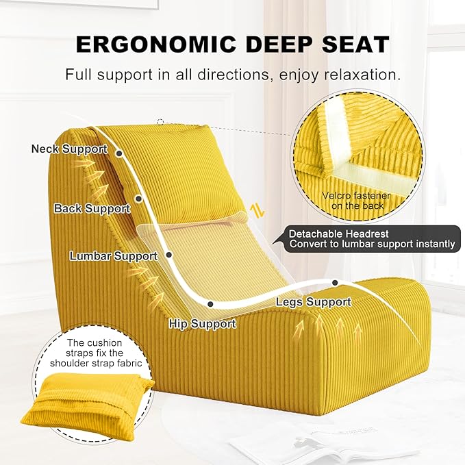Giant Bean Bag Chair for Adults,Corduroy Chaise Lounge with Unrivaled Back Support, Detachable Neck Pillow, Comfortable Ottoman & Washable Cover for Living Room, Bedroom, Garden (Corn Yellow)