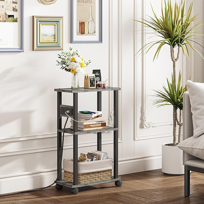 TUTOTAK Small Narrow Side Table with Charging Station, Set of 2, Skinny End Table for Small Spaces, Slim Nightstand with USB Ports and Outlet,Sofa Beside Table with Wheels, Charcoal Grey TB01BY047