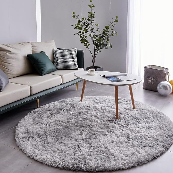 FJZFING Tie-Dyed Light Grey Round Rug Ultra-Soft Plush Modern 6x6 Circle Area Rug for Kid's Bedroom, Fluffy Shag Circular Rug for Nursery Room, Non-Slip Tie-Dyed Light Grey Rug for Teen's Room