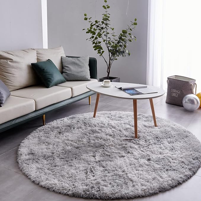 FJZFING Tie-Dyed Light Grey Round Rug Ultra-Soft Plush Modern 5x5 Circle Area Rug for Kid's Bedroom, Fluffy Shag Circular Rug for Nursery Room, Non-Slip Tie-Dyed Light Grey Rug for Teen's Room