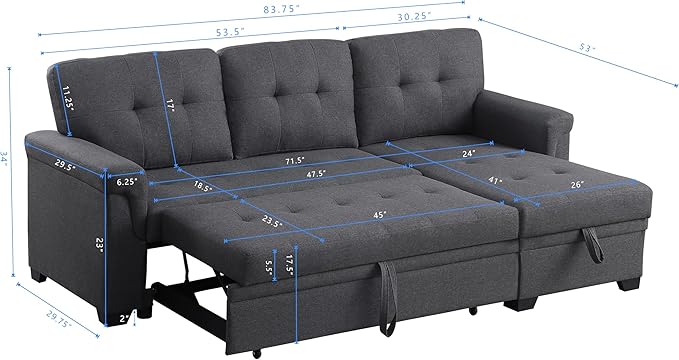 Ball & Cast L-Shape Reversible Sectional Sleeper Sofa Bed 4 in 1 Pull Out Couch with Storage Chaise & Removable Back Cushions,Convertible Sleeper Corner Couch Pull-Out Sofa Bed for Living Room,Office