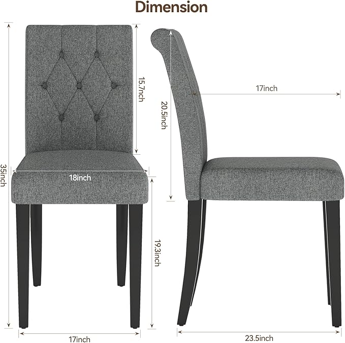 Upholstered Dining Chairs Set of 4, Button Tufted Parsons Dining Chair with Solid Wood Legs, Modern Fabric Side Chair for Dining Room/Kitchen/Restaurant/Hotel- Grey