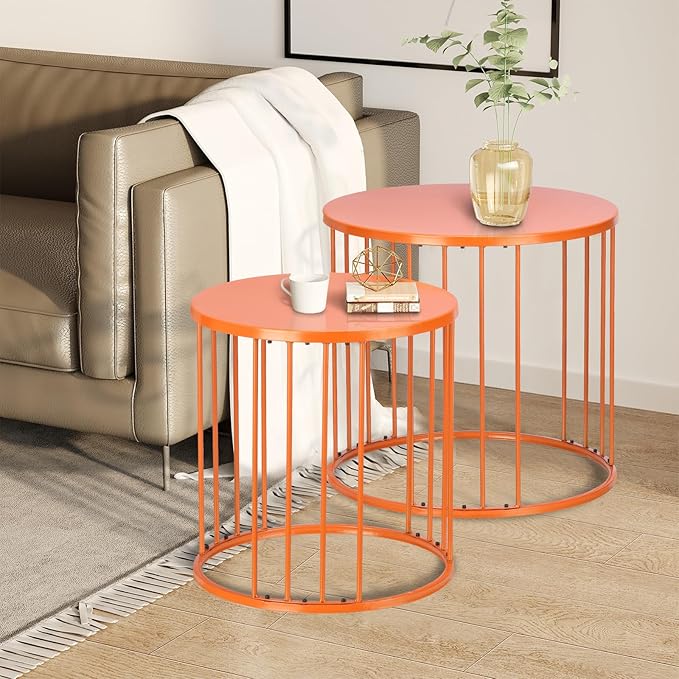 SUNNYPARK Outdoor Side Table Set of 2, Metal Circle Accent End Tables for Balcony Backyard Garden Indoor Living Room, Durable Black Nesting Coffee Tables, 20”+16” Dia