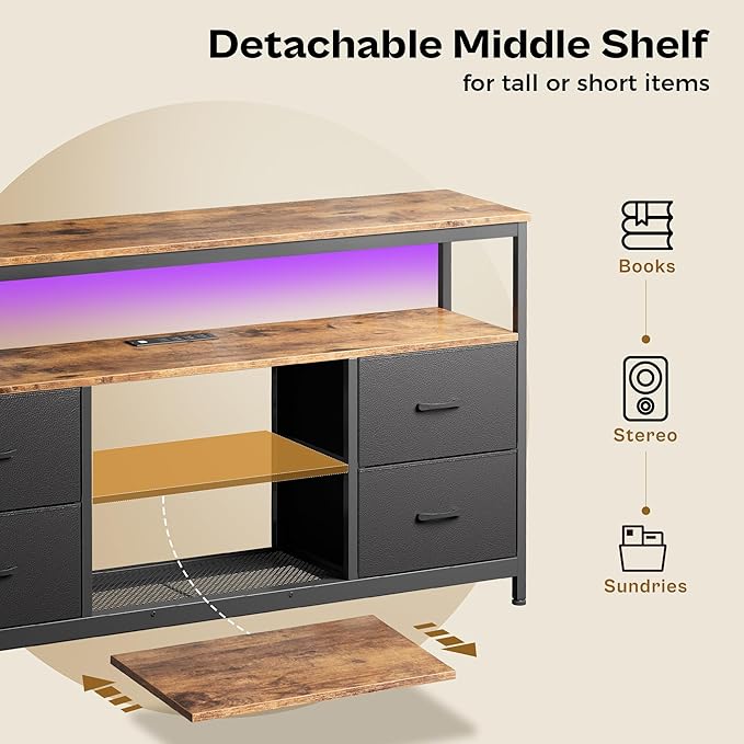 Huuger TV Stand Dresser with Power Outlets and LED Lights, 4 Drawers Entertainment Center with Shelves, 54 Inch Media Console for 55 60 Inch TV, PU Finish, Rustic Brown and Black