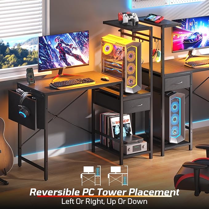 Bestier Gaming Desk with LED Lights, 44 Inch Reversible Computer Desk with Drawers & Storage Shelves for Small Spaces, PC Gamer Table with Storage Bag & Side Hook, Black