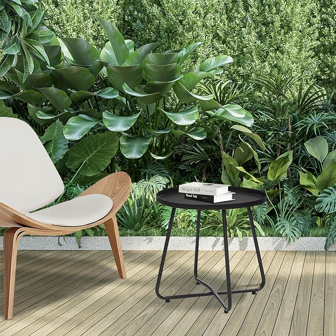 Dia.17.7ins Steel Round Coffee Table, Steel Tray Table, Side Table, Outdoor and Indoor Use, Weather Resisitant, Patio, Balcony, Garden, Backyard (Black)