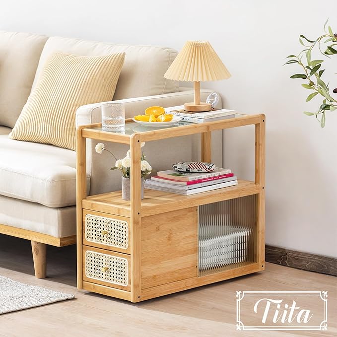 Tiita Rattan Nightstand Side Table, Bamboo Accent Bedside Tables, Glass Coffee Tables, Boho Wooden End Table with Storage for Small Space, Living Room and Bedroom